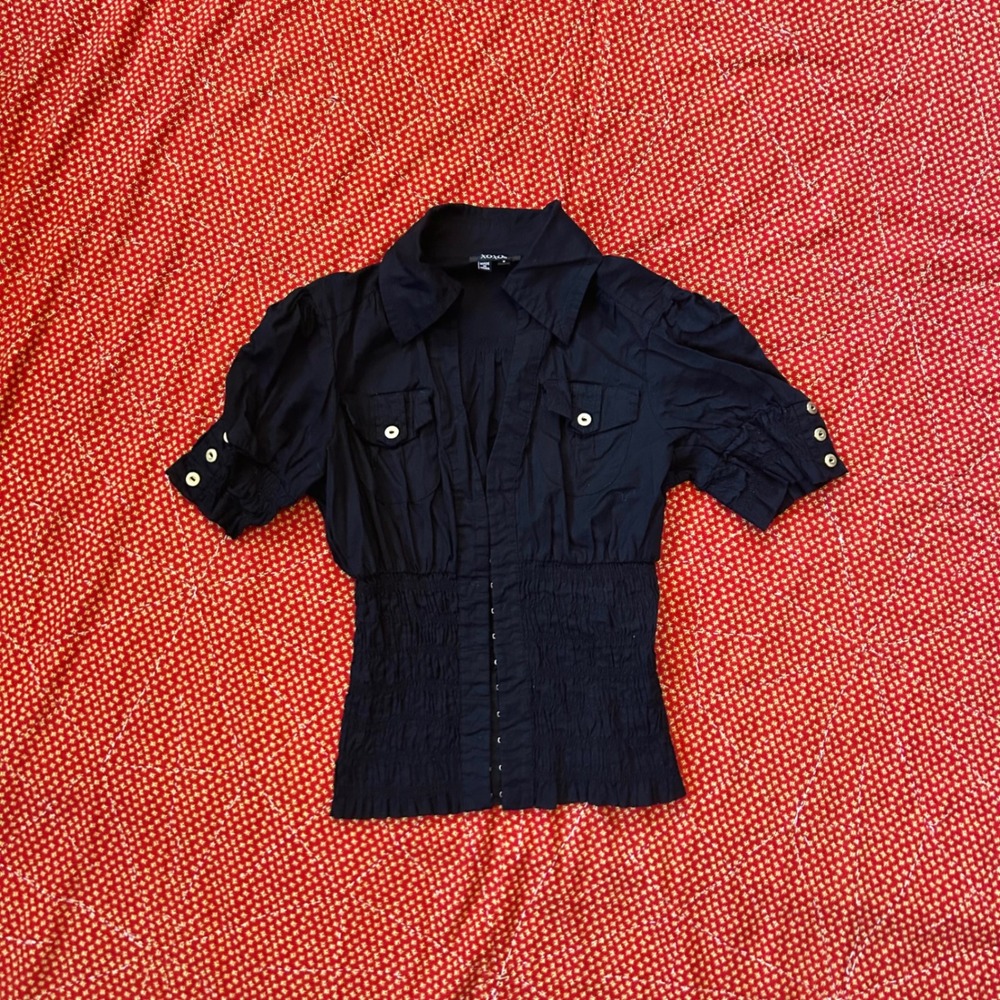 Vintage 2000s XOXO Black Short Sleeve flattering fitted Waist Blouse Top Small